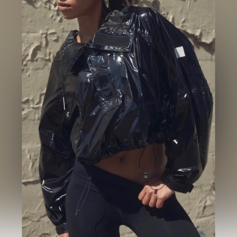 NWOT Free People Dew Drop Rain Jacket shiny black size XS